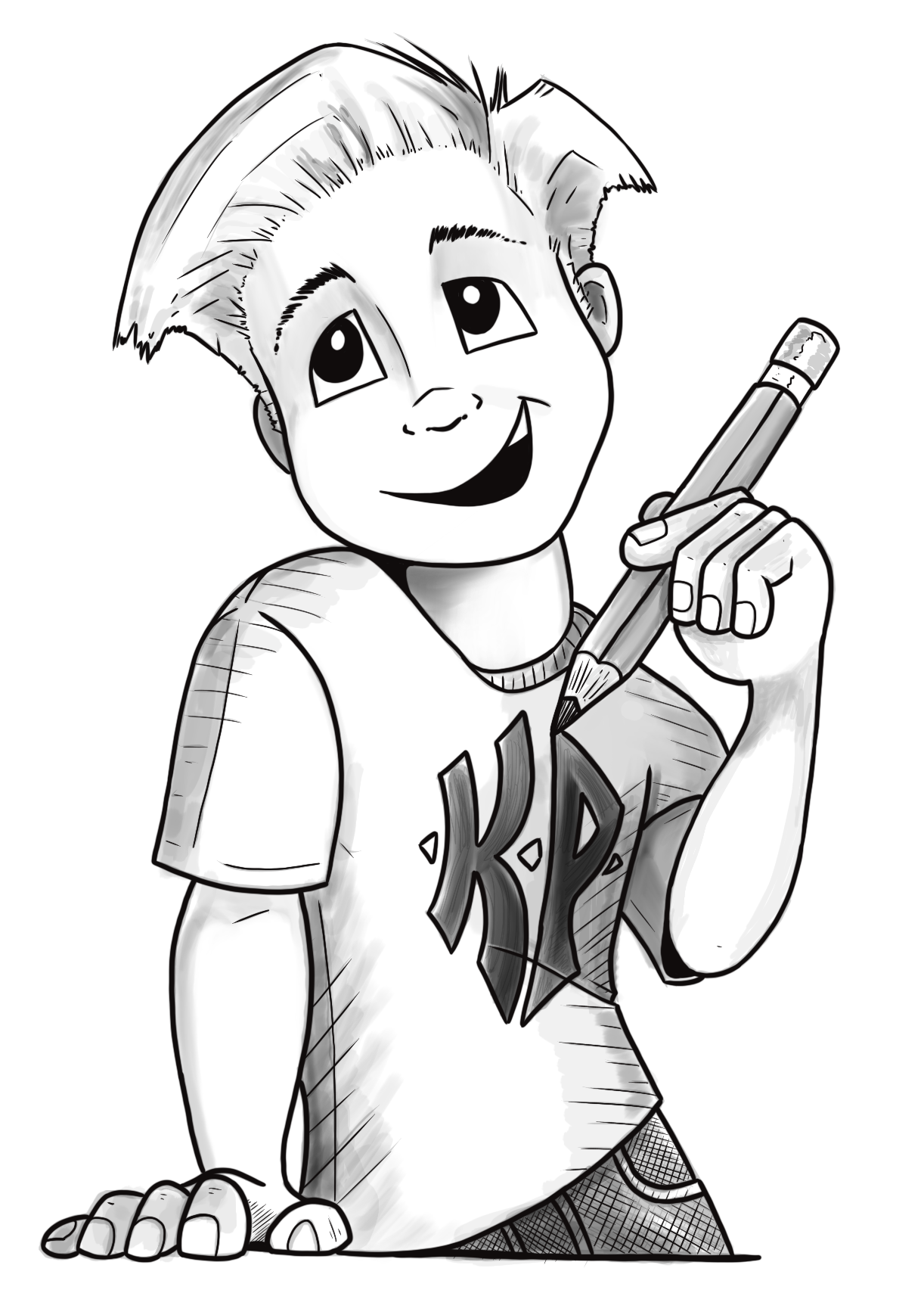 Kevin as a kid, holding a pencil to draw. Wearing a KP t-shirt.
